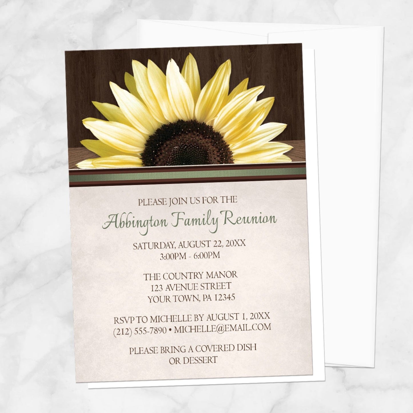 Country Sunflower Over Wood Rustic Family Reunion Invitation shown on a marble surface with a white envelope.