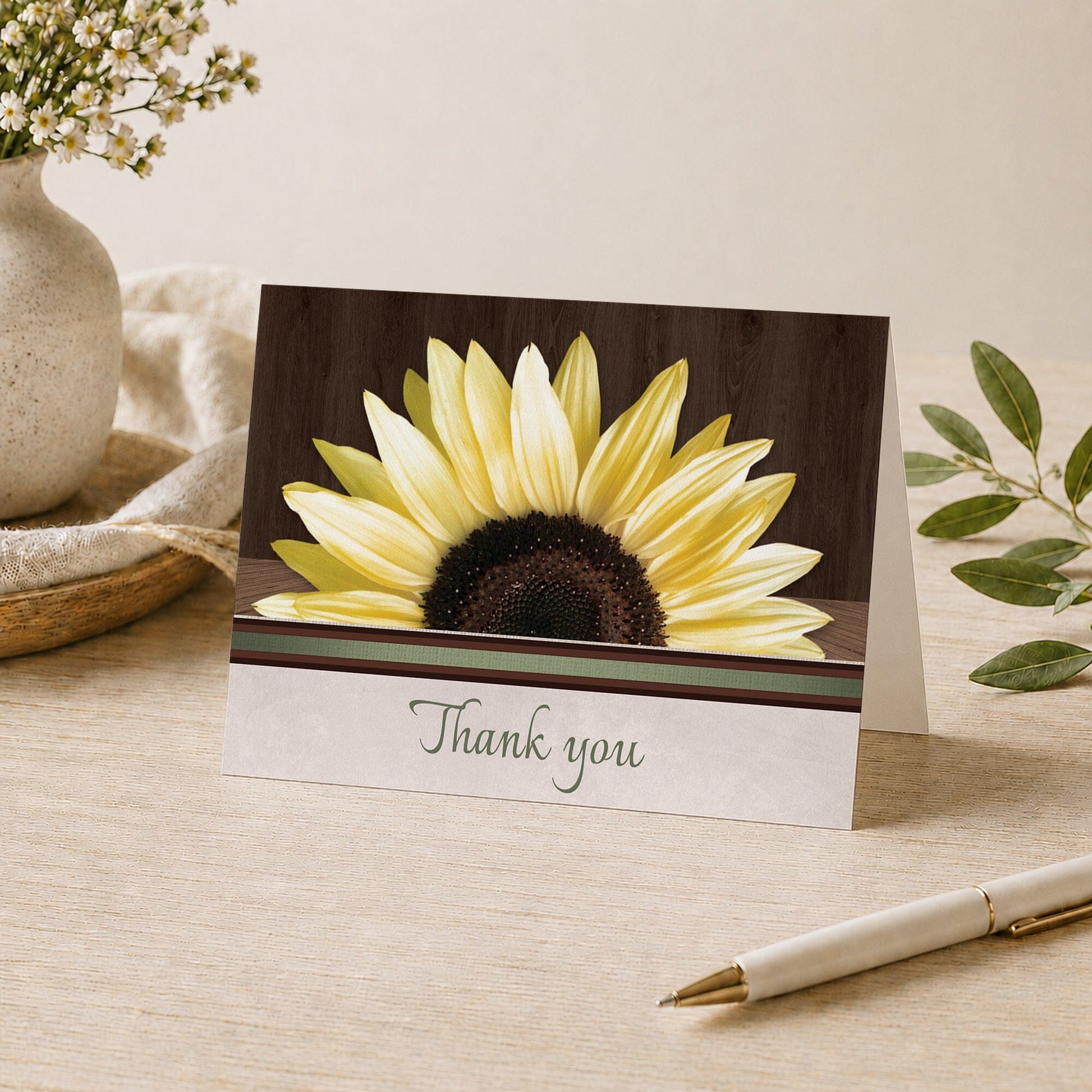 Country Sunflower Over Wood Rustic Thank You Card shown on a desk with a vase, plants, and a pen.