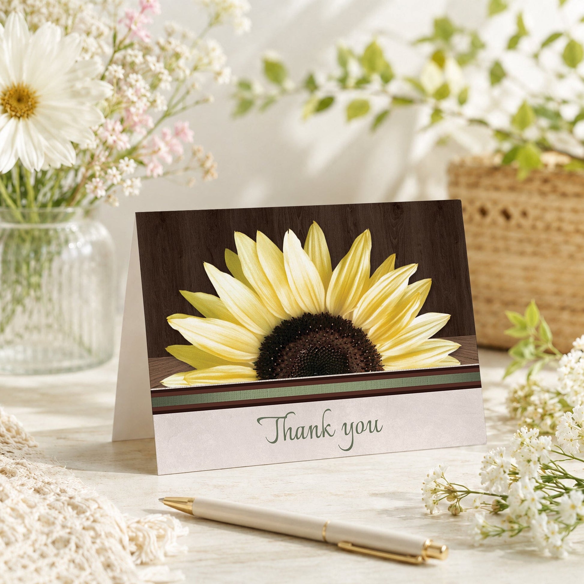Country Sunflower Over Wood Rustic Thank You Card shown on a tabletop with a vase, summer flowers, and a pen.