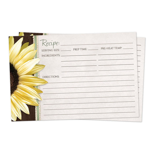 Front side of the Country Sunflower Wood Brown Green Recipe Cards