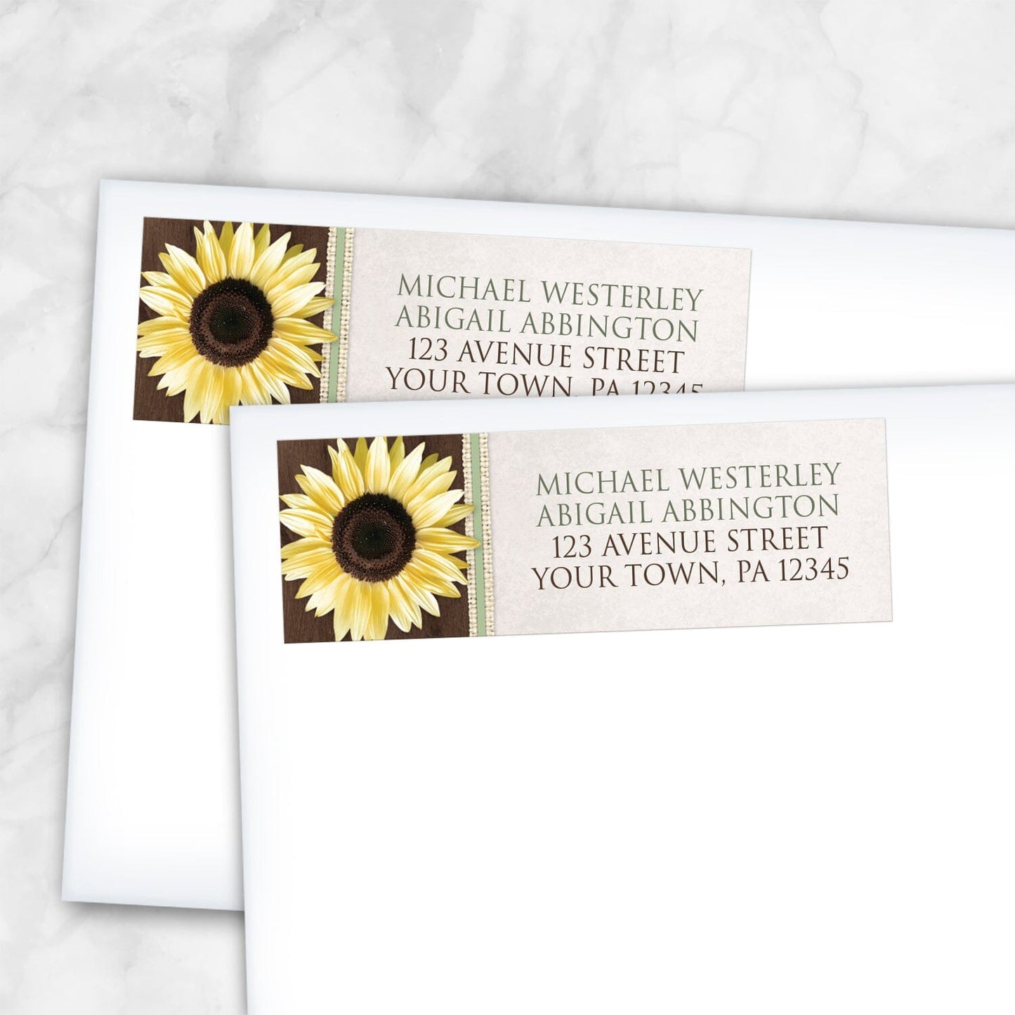 2 Country Sunflower Wood Brown Green Address Labels shown on white envelopes on a marble surface