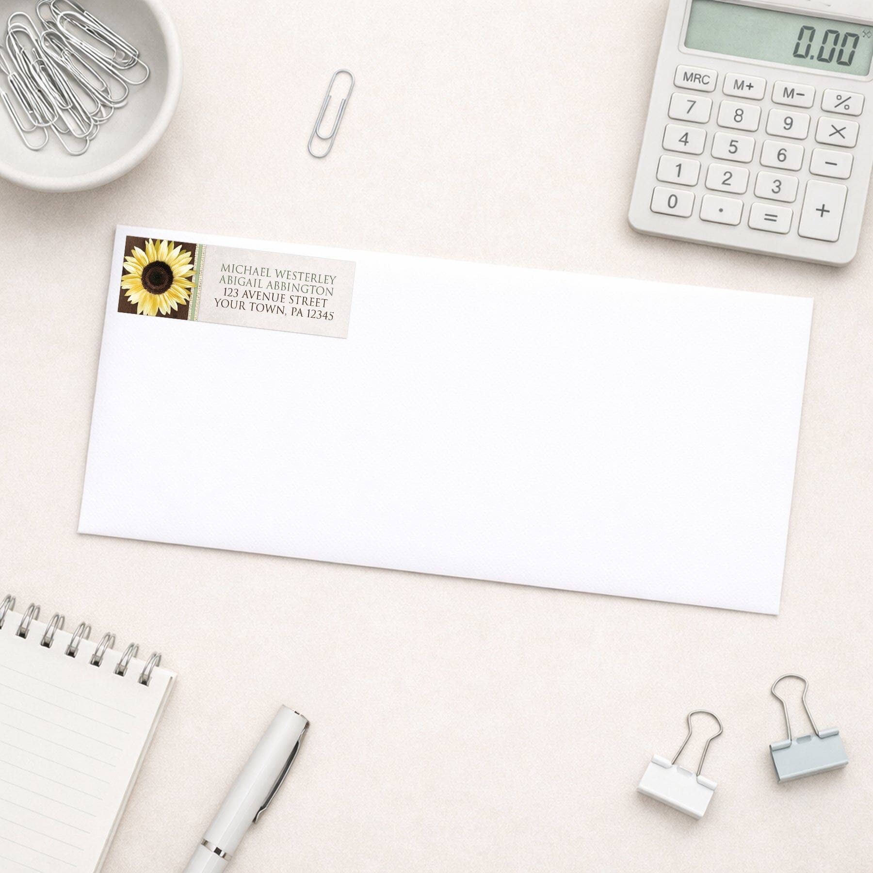 Country Sunflower Wood Brown Green Address Label shown on a white envelope with office supplies