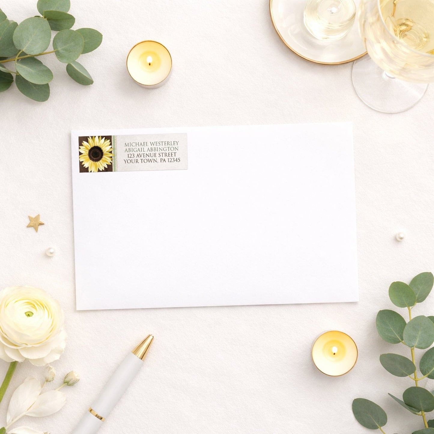 Country Sunflower Wood Brown Green Address Label shown on a white envelope with wedding and shower supplies