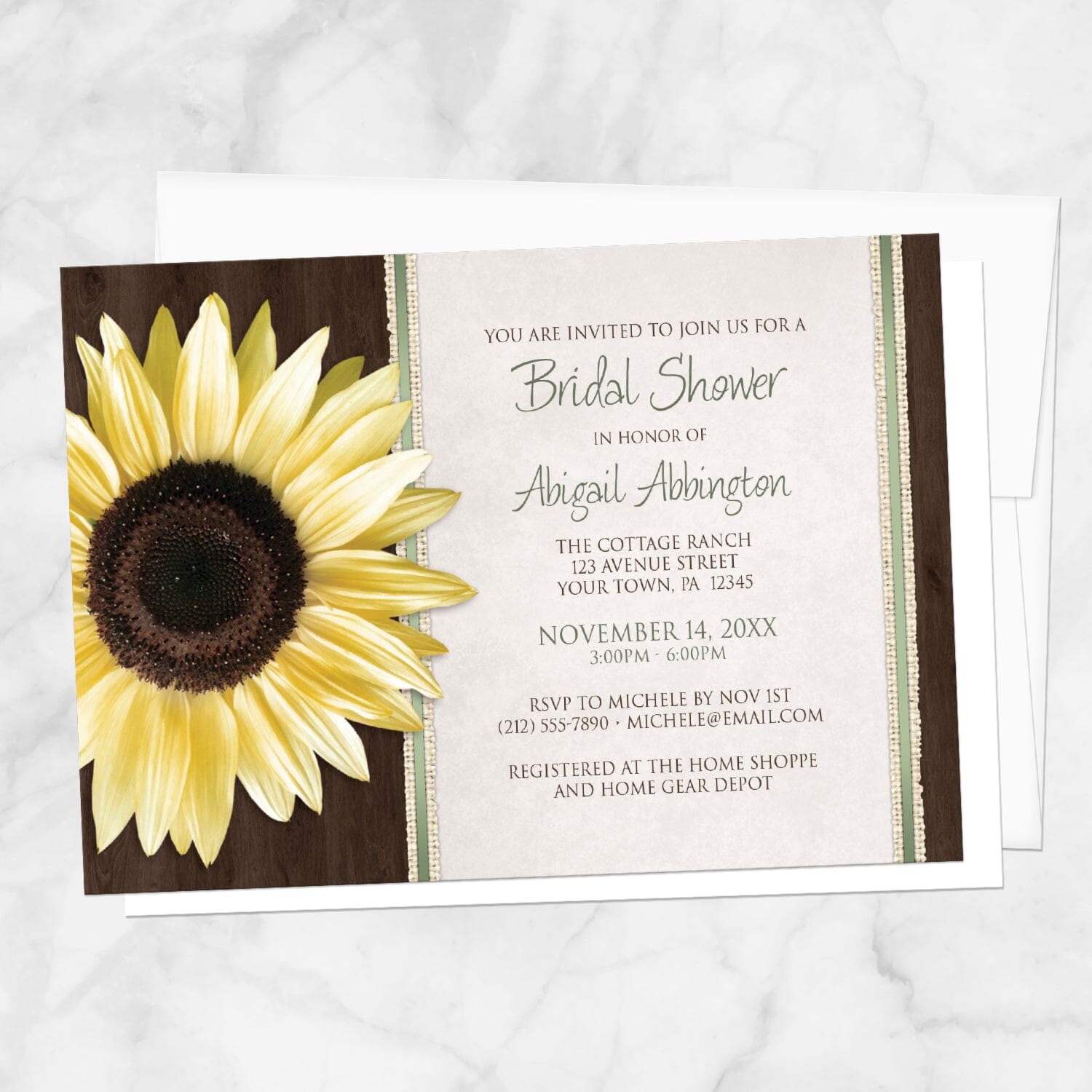 Country Sunflower Wood Brown Green Bridal Shower Invitation shown on a marble surface with a white envelope.