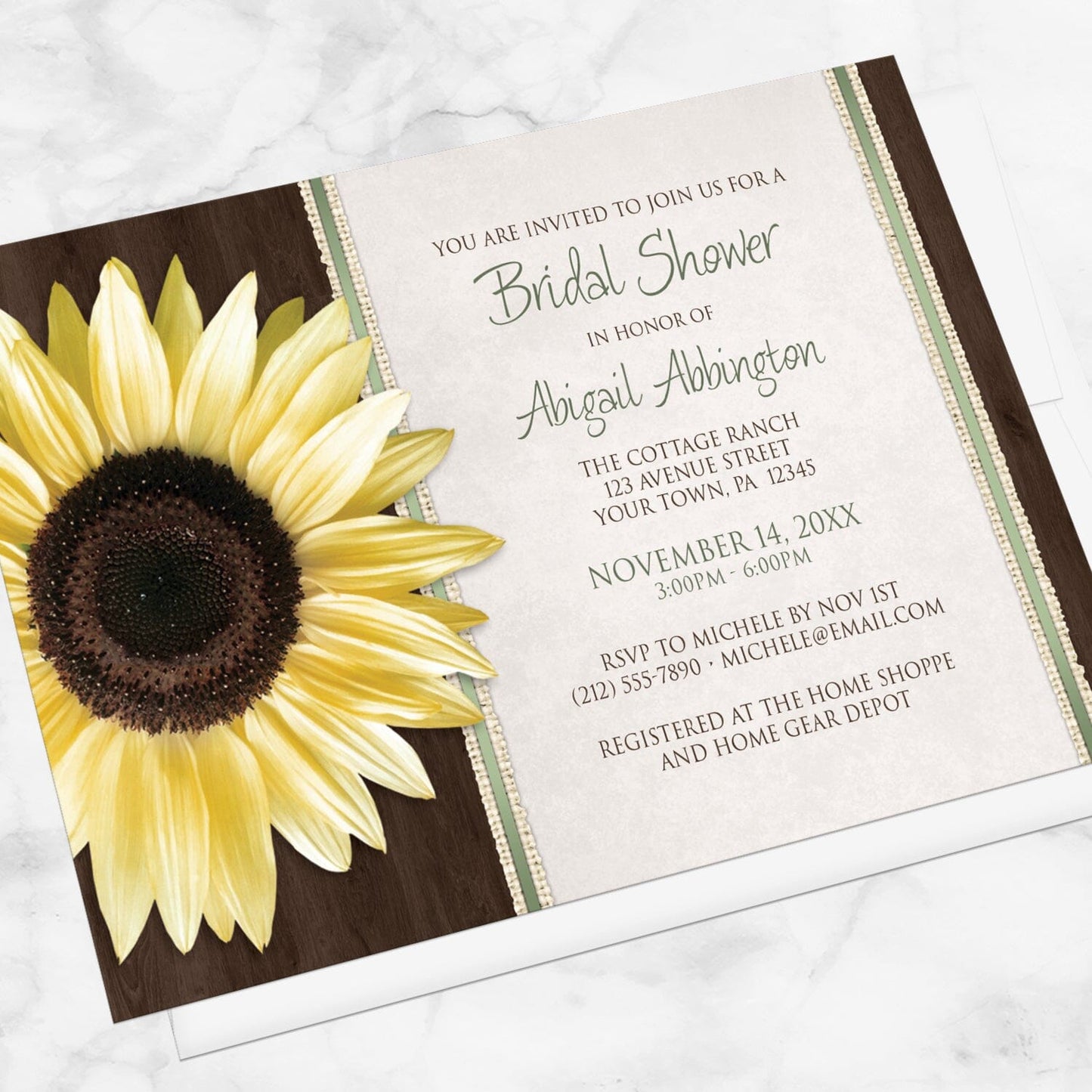 Country Sunflower Wood Brown Green Bridal Shower Invitation shown at an angle on a marble surface with a white envelope.
