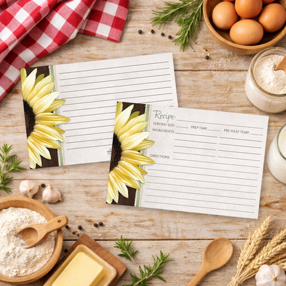 Two Country Sunflower Wood Brown Green Recipe Cards on a country wooden table with cooking ingredients.