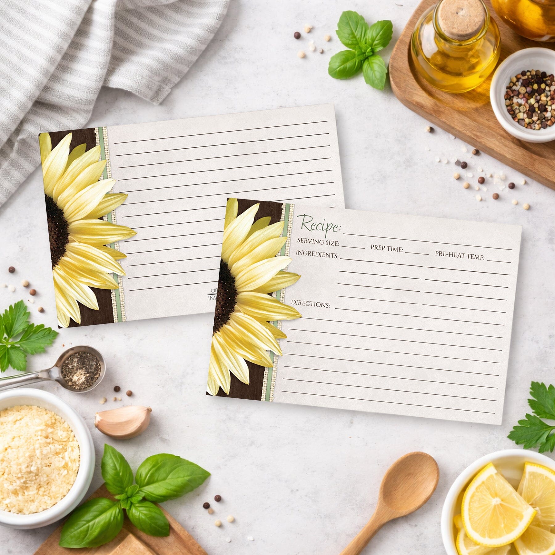 Two Country Sunflower Wood Brown Green Recipe Cards on an everyday kitchen counter with ingredients