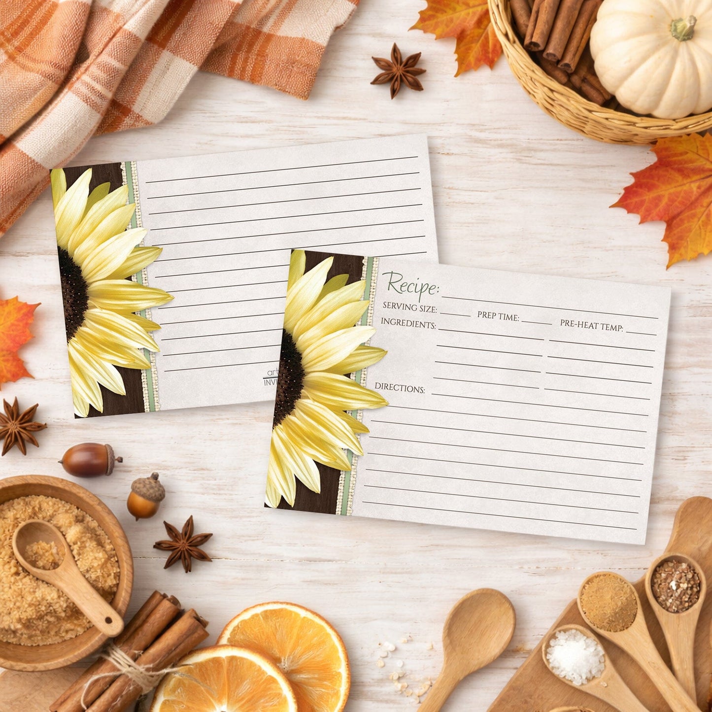 Two Country Sunflower Wood Brown Green Recipe Cards on a wooden surface with autumn decorations and fall ingredients
