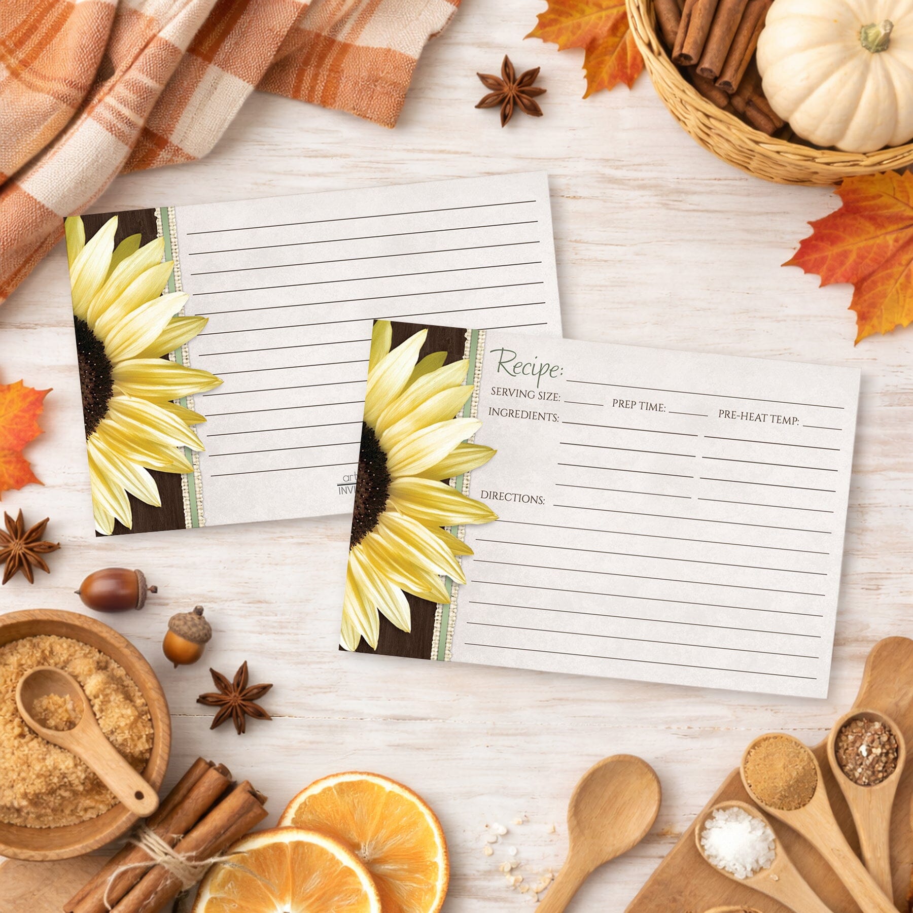Two Country Sunflower Wood Brown Green Recipe Cards on a wooden surface with autumn decorations and fall ingredients