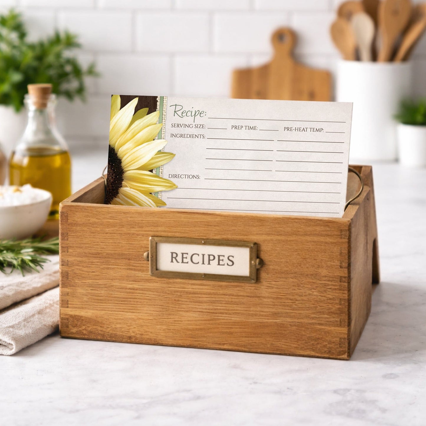 Wooden recipe box with a Country Sunflower Wood Brown Green Recipe Card on a kitchen counter.