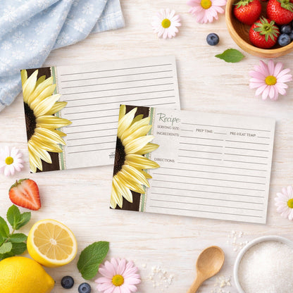 Set of Country Sunflower Wood Brown Green Recipe Cards on a wooden surface with summer fruits and flowers.