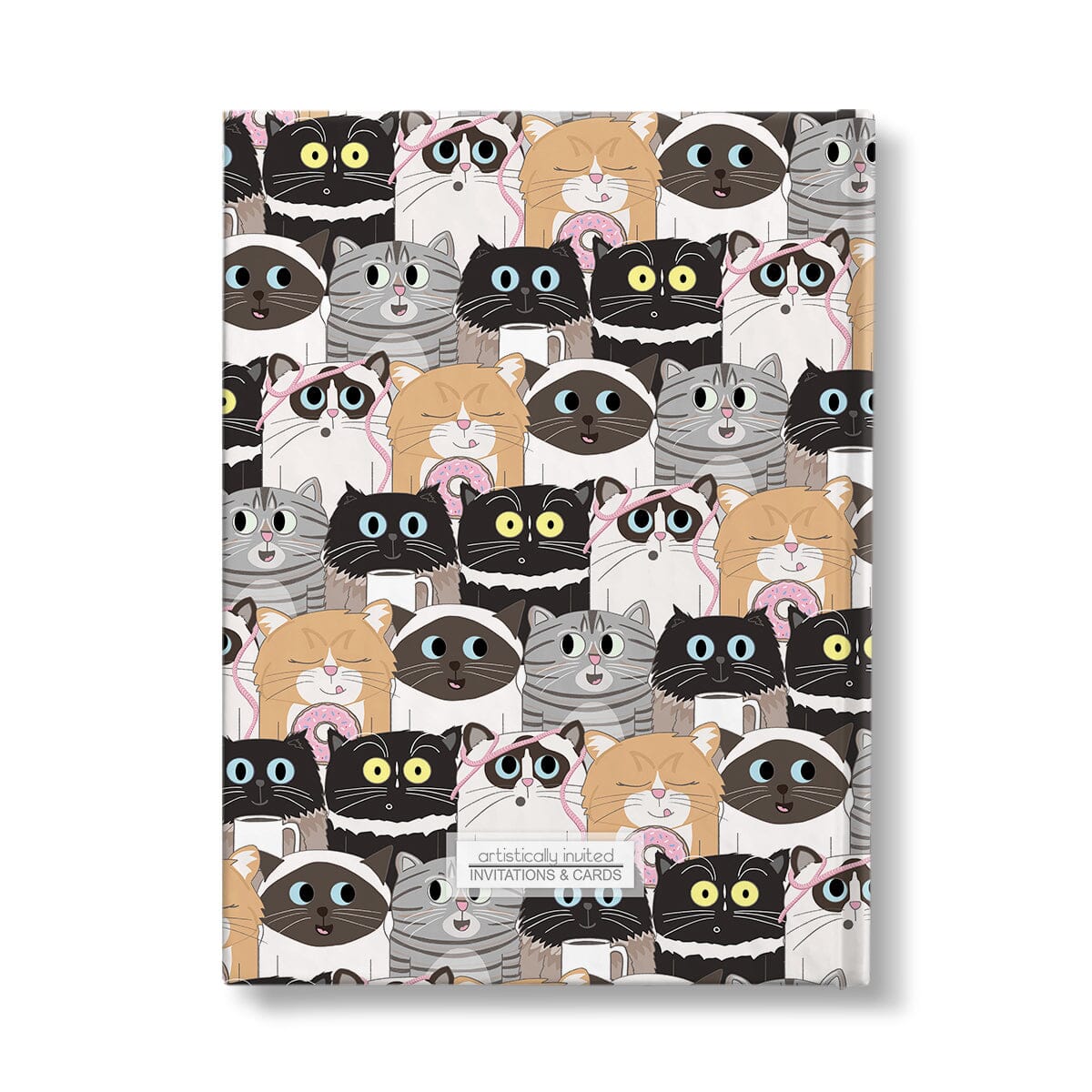 Personalized Cute Cat Stack Pattern Journal at Artistically Invited. Back side of journal.