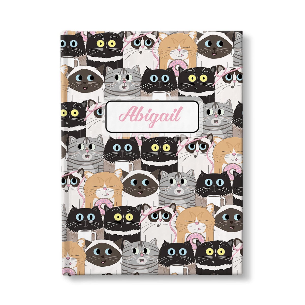 Personalized Cute Cat Stack Pattern Journal at Artistically Invited. Front side of journal.