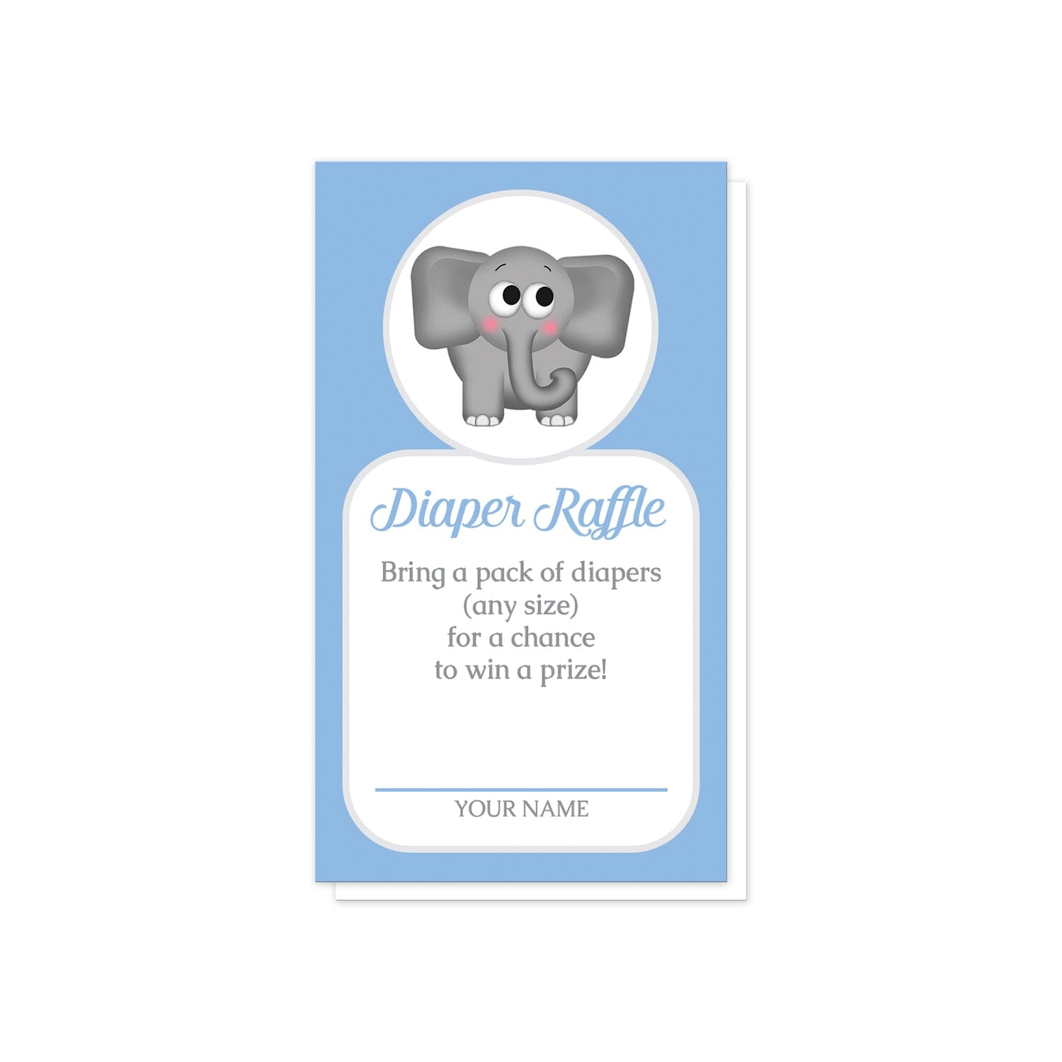 Cute Elephant Blue Diaper Raffle Cards at Artistically Invited. Cute elephant blue diaper raffle cards illustrated with an affectionate and adorable gray elephant in a white circle over a blue background color. Your diaper raffle details are printed in blue and gray in a white rectangular area below the cute little elephant.