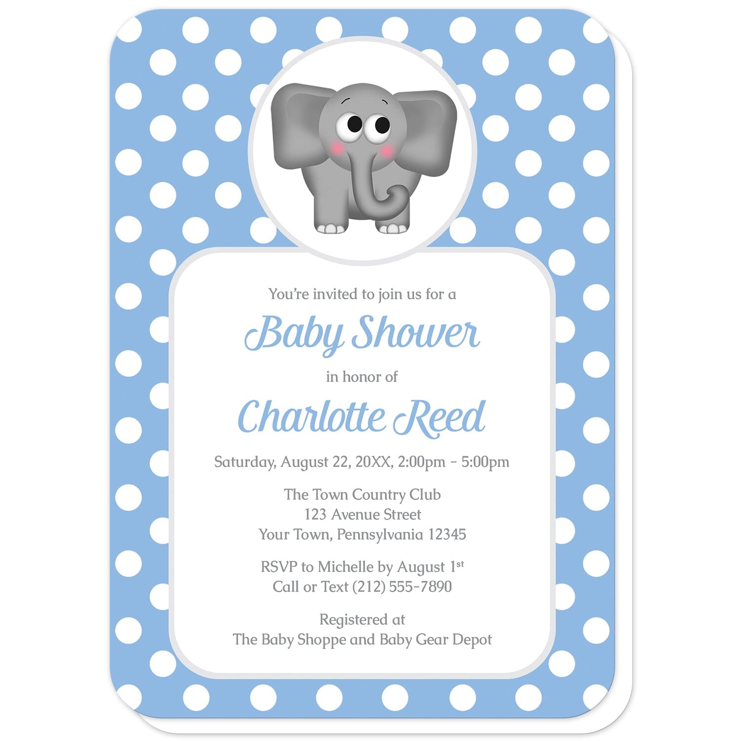 Cute Elephant Blue Polka Dot Baby Shower Invitations (with rounded corners) at Artistically Invited. Cute elephant blue polka dot baby shower invitations that are illustrated with an affectionate and adorable gray elephant over a blue polka dot background. Your personalized baby shower details are custom printed in blue and gray over a white rectangular area over the blue polka dot background.