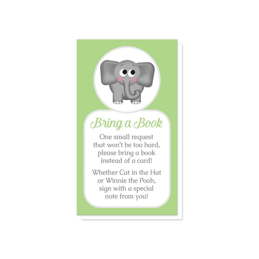 Cute Elephant Green Bring a Book Cards at Artistically Invited. Cute elephant green bring a book cards illustrated with an affectionate and adorable gray elephant in a white circle over a green background color. Your book request details are printed in green and gray in a white rectangular area below the cute little elephant.