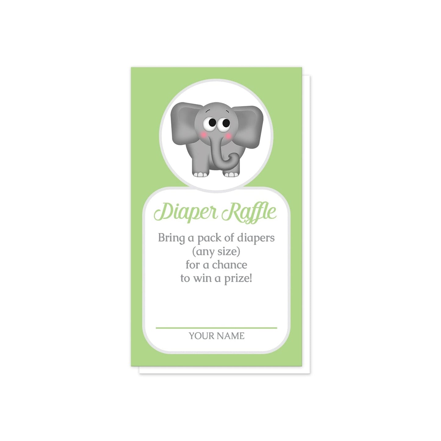 Cute Elephant Green Diaper Raffle Cards at Artistically Invited. Cute elephant green diaper raffle cards illustrated with an affectionate and adorable gray elephant in a white circle over a green background color. Your diaper raffle details are printed in green and gray in a white rectangular area below the cute little elephant.