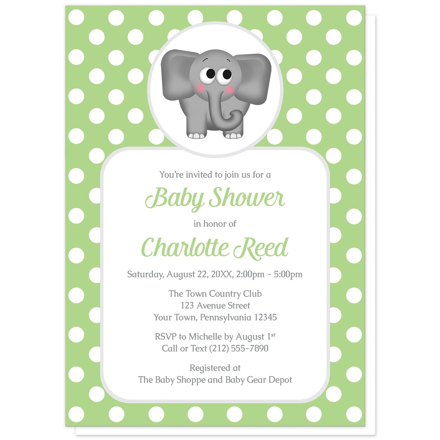 Cute Elephant Green Polka Dot Baby Shower Invitations at Artistically Invited. Cute elephant green polka dot baby shower invitations that are illustrated with an affectionate and adorable gray elephant over a green polka dot background. Your personalized baby shower details are custom printed in green and gray over a white rectangular area over the green polka dot background.