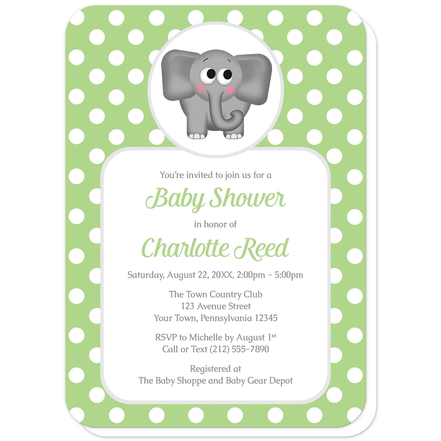Cute Elephant Green Polka Dot Baby Shower Invitations (with rounded corners) at Artistically Invited. Cute elephant green polka dot baby shower invitations that are illustrated with an affectionate and adorable gray elephant over a green polka dot background. Your personalized baby shower details are custom printed in green and gray over a white rectangular area over the green polka dot background.