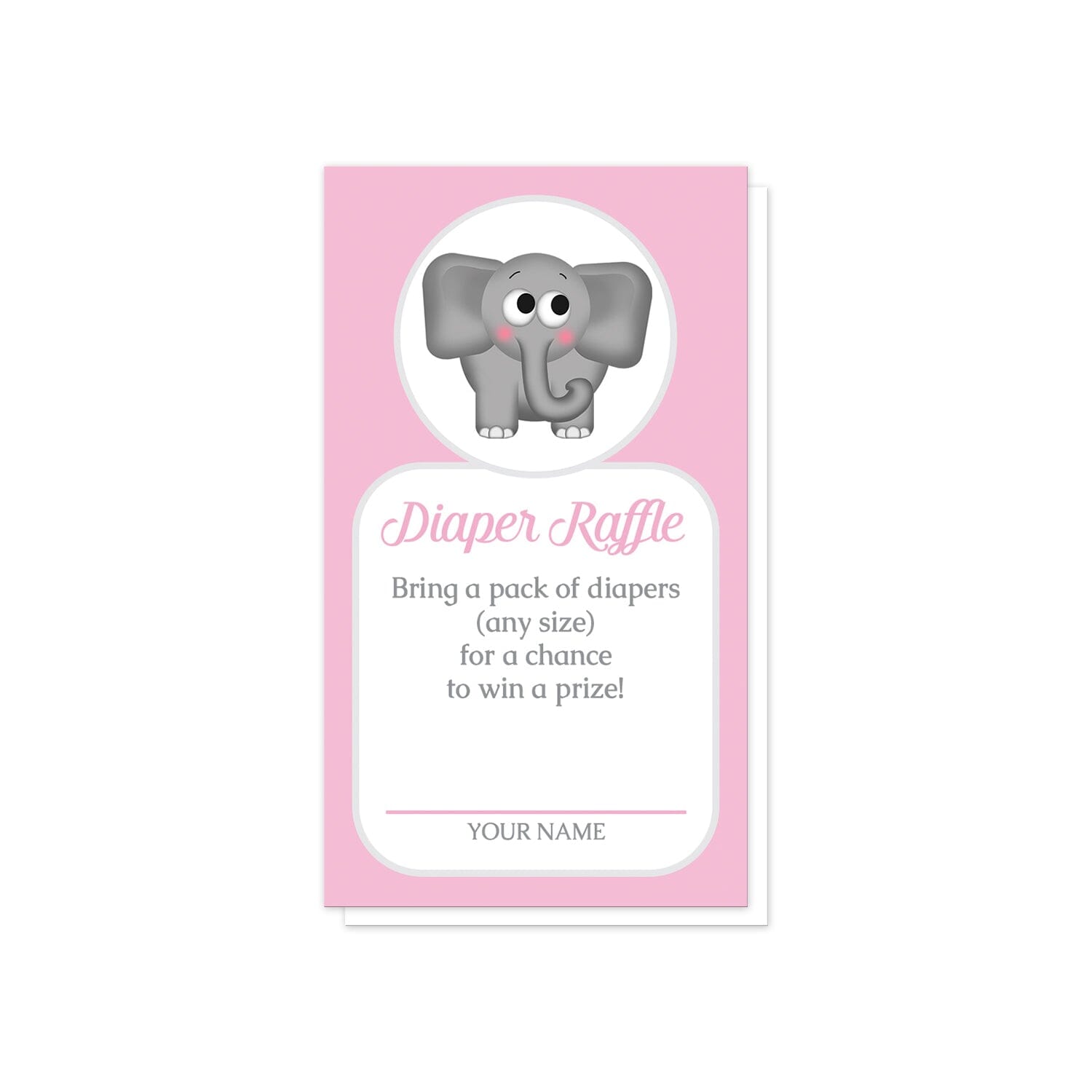 Cute Elephant Pink Diaper Raffle Cards at Artistically Invited. Cute elephant pink diaper raffle cards illustrated with an affectionate and adorable gray elephant in a white circle over a pink background color. Your diaper raffle details are printed in pink and gray in a white rectangular area below the cute little elephant.