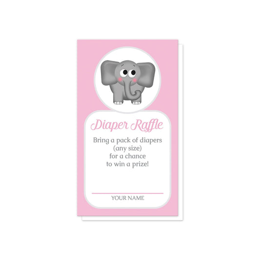 Cute Elephant Pink Diaper Raffle Cards at Artistically Invited. Cute elephant pink diaper raffle cards illustrated with an affectionate and adorable gray elephant in a white circle over a pink background color. Your diaper raffle details are printed in pink and gray in a white rectangular area below the cute little elephant.