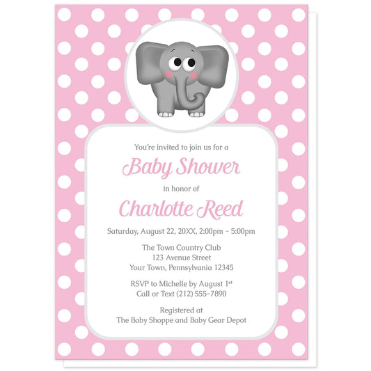 Cute Elephant Pink Polka Dot Baby Shower Invitations at Artistically Invited. Cute elephant pink polka dot baby shower invitations that are illustrated with an affectionate and adorable gray elephant over a pink polka dot background. Your personalized baby shower details are custom printed in pink and gray over a white rectangular area over the pink polka dot background.