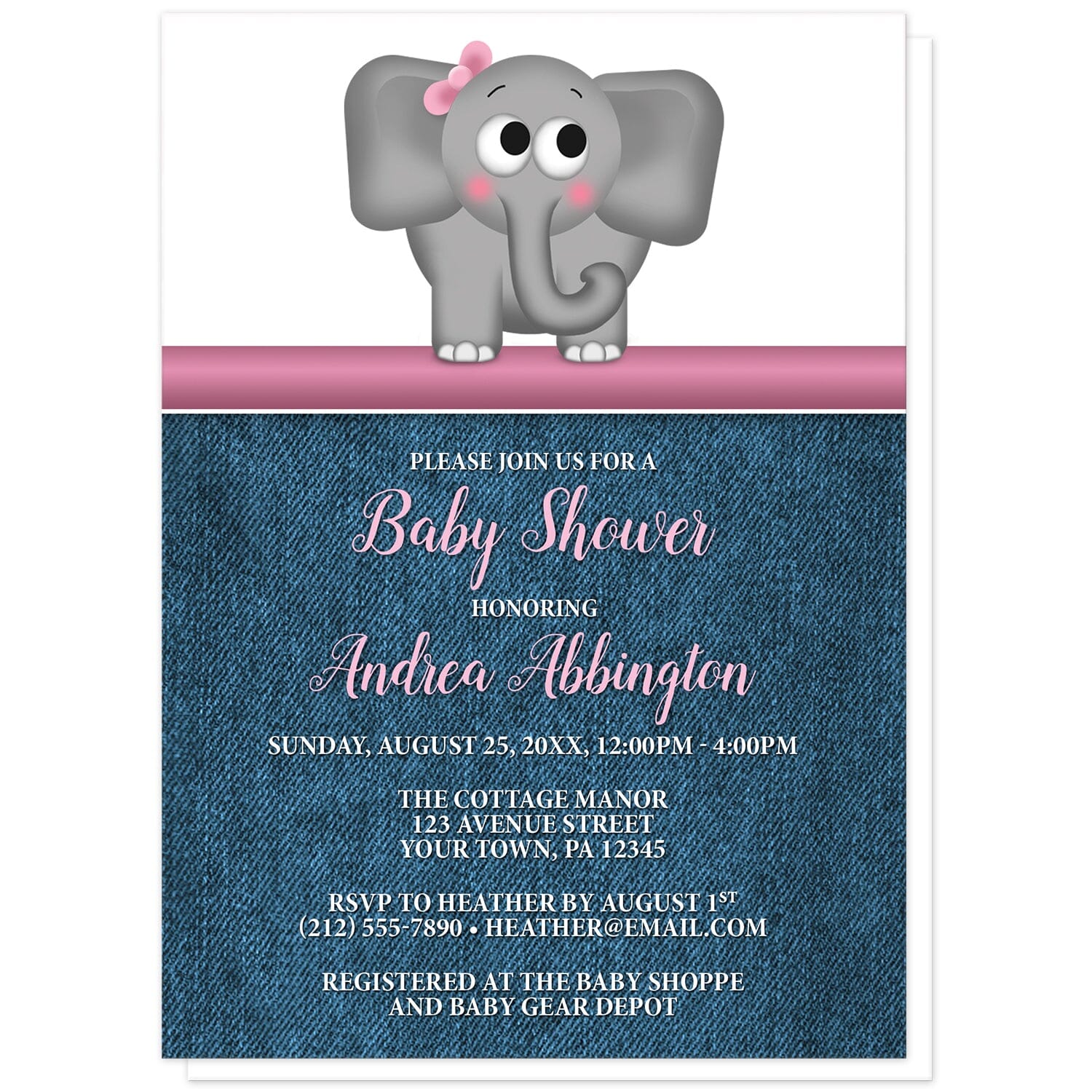 Cute Elephant Pink Rustic Denim Baby Shower Invitations at Artistically Invited. Cute elephant pink rustic denim baby shower invitations with an illustration of an adorable gray elephant wearing a pink bow. This cute little elephant stands on a horizontal pink stripe. The information you provide for your baby shower will be printed in pink and white over a rustic blue denim background. 
