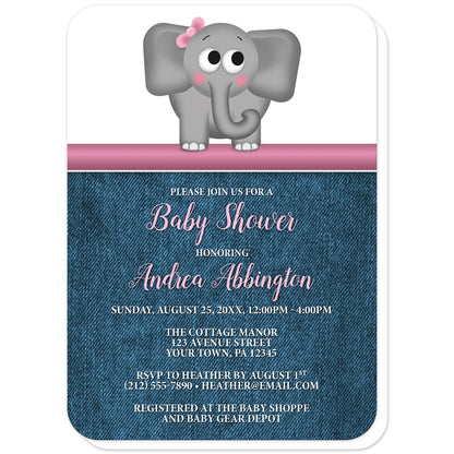Cute Elephant Pink Rustic Denim Baby Shower Invitations (with rounded corners) at Artistically Invited. Cute elephant pink rustic denim baby shower invitations with an illustration of an adorable gray elephant wearing a pink bow. This cute little elephant stands on a horizontal pink stripe. The information you provide for your baby shower will be printed in pink and white over a rustic blue denim background. 