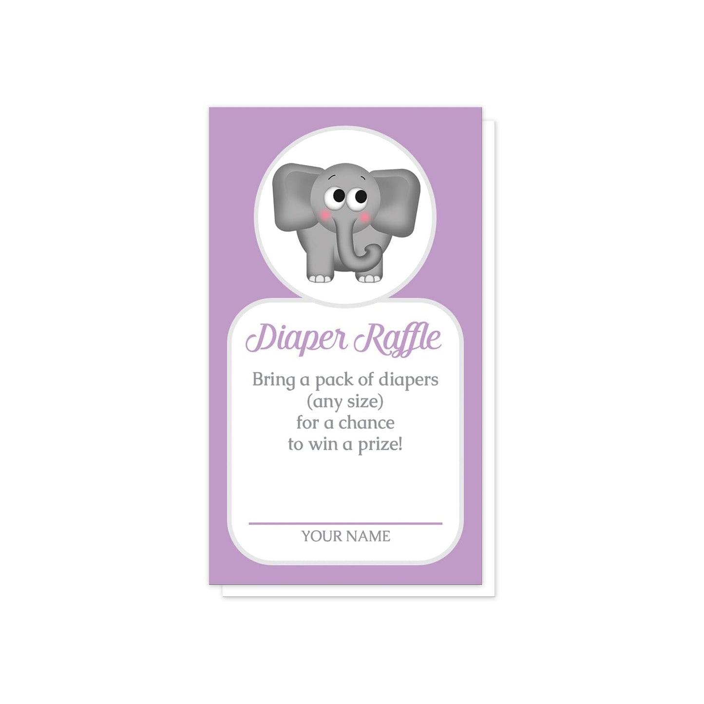 Cute Elephant Purple Diaper Raffle Cards at Artistically Invited. Cute elephant purple diaper raffle cards illustrated with an affectionate and adorable gray elephant in a white circle over a purple background color. Your diaper raffle details are printed in purple and gray in a white rectangular area below the cute little elephant.