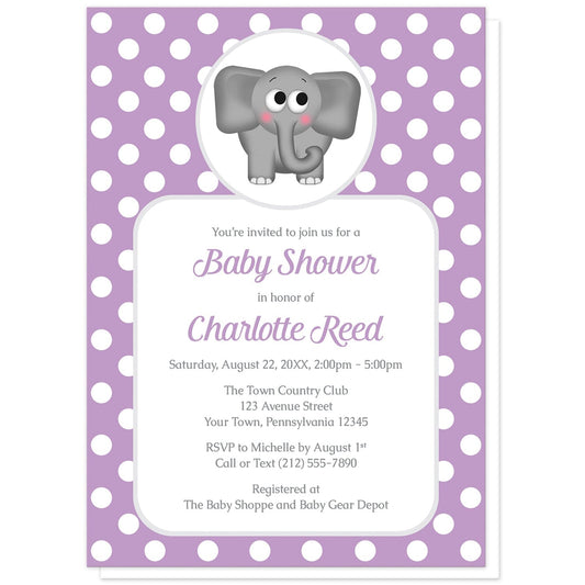 Cute Elephant Purple Polka Dot Baby Shower Invitations at Artistically Invited. Cute elephant purple polka dot baby shower invitations that are illustrated with an affectionate and adorable gray elephant over a purple polka dot background. Your personalized baby shower details are custom printed in purple and gray over a white rectangular area over the purple polka dot background.