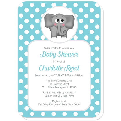 Cute Elephant Turquoise Polka Dot Baby Shower Invitations (with rounded corners) at Artistically Invited. Cute elephant turquoise polka dot baby shower invitations that are illustrated with an affectionate and adorable gray elephant over a turquoise polka dot background. Your personalized baby shower details are custom printed in turquoise and gray over a white rectangular area over the turquoise polka dot background.