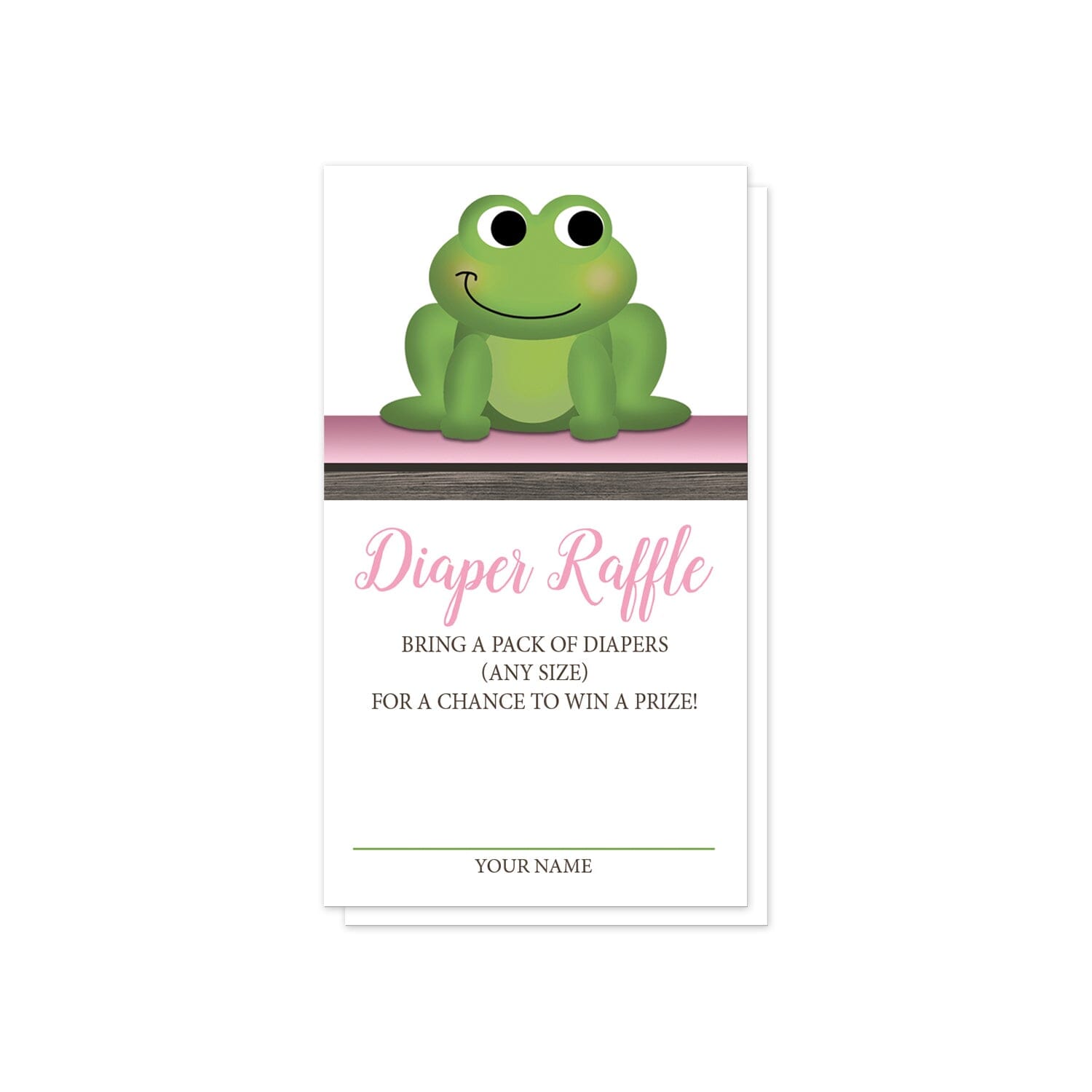 Cute Frog Green Pink Rustic Brown Diaper Raffle Cards at Artistically Invited. Cute frog green pink rustic brown diaper raffle cards with a happy and adorable green frog sitting on a pink and brown wood stripe at the top of the cards. Your diaper raffle details are printed in pink and brown with a green line for the name on white below the cute frog. 