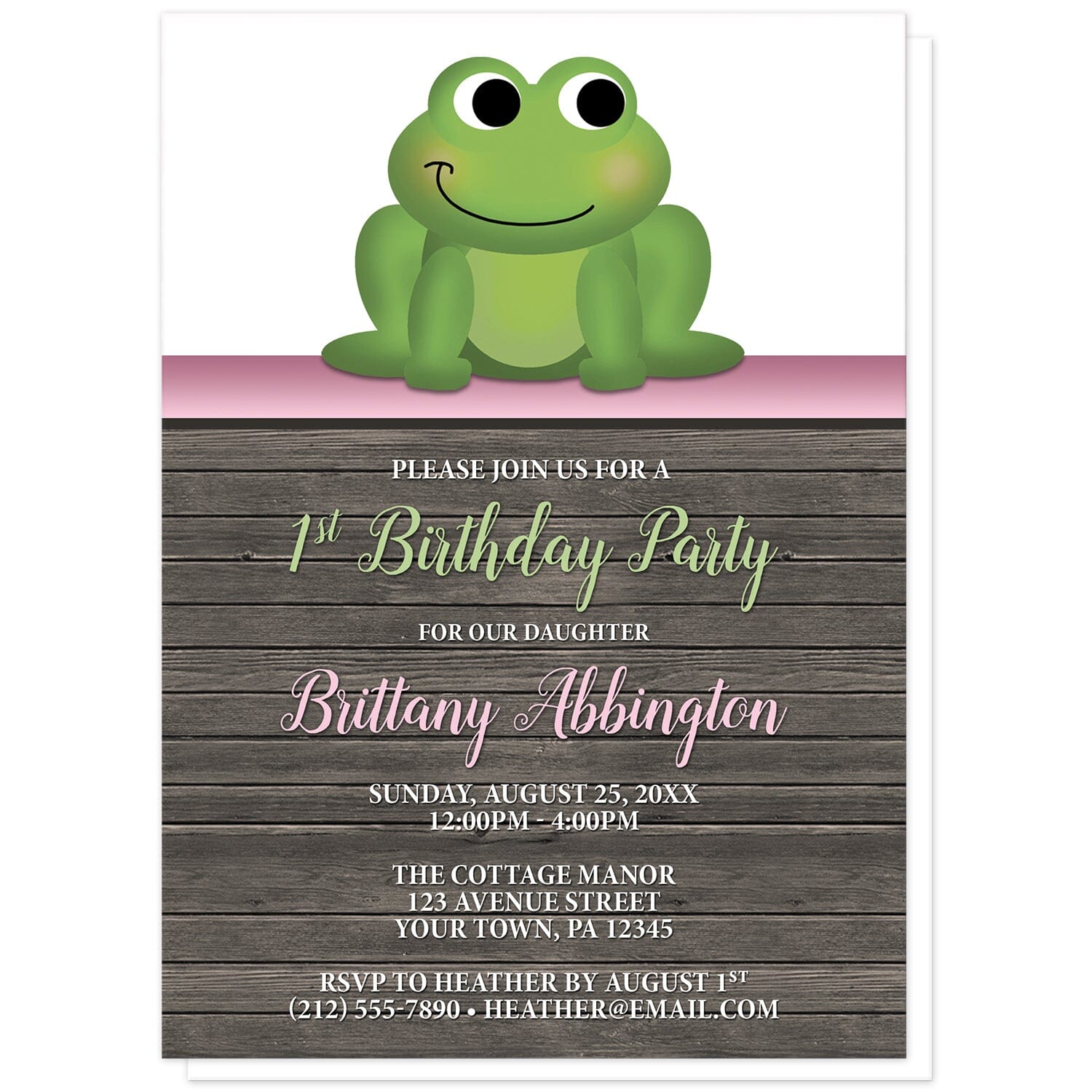 Cute Frog Green Pink Rustic Wood 1st Birthday Invitations at Artistically Invited. Cute frog green pink rustic wood 1st birthday invitations with an illustration of an adorable green frog. A gradient pink stripe separates the cute frog from your personalized birthday party details which are custom printed in pink, green, and white over a rustic brown wood background. 