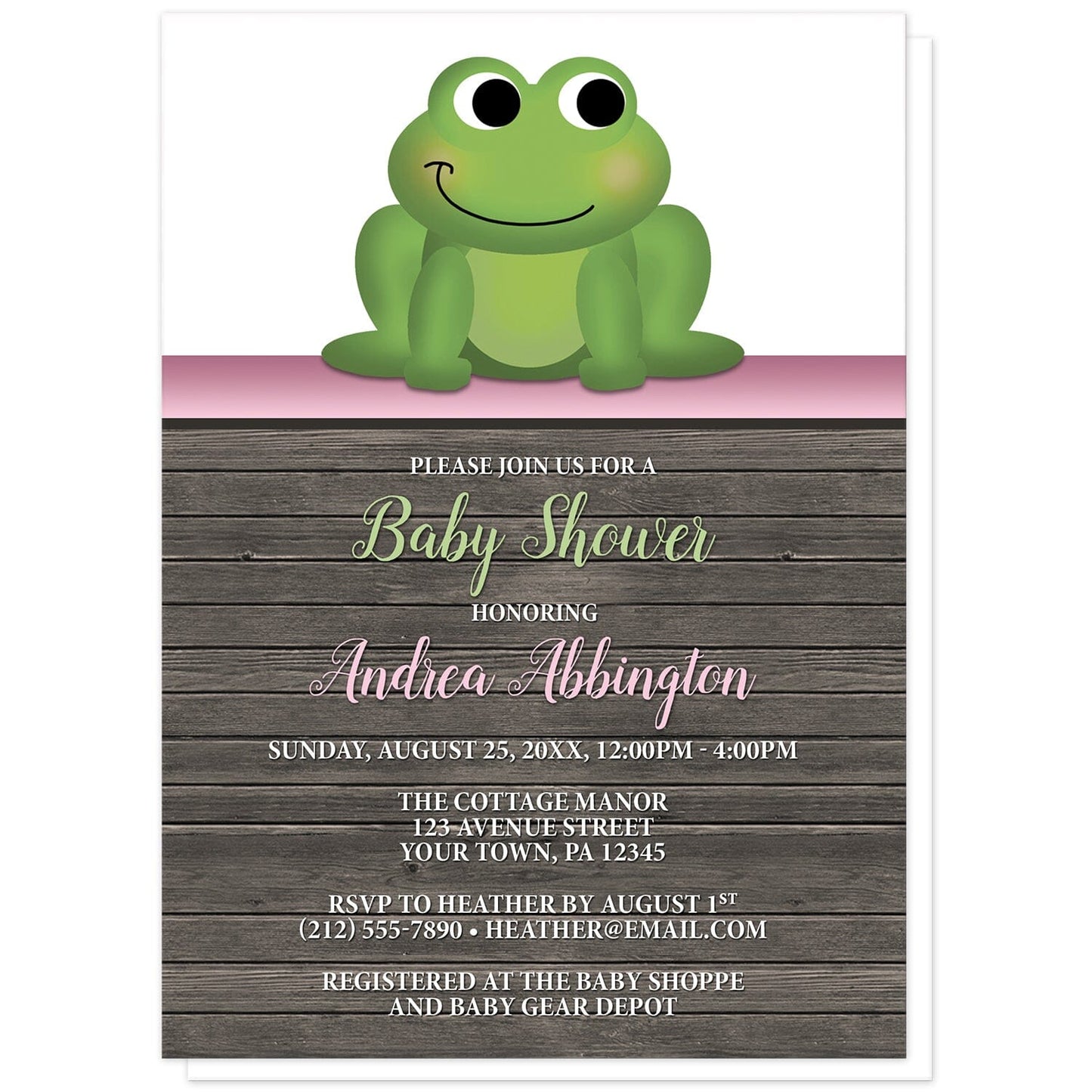 Cute Frog Green Pink Rustic Wood Baby Shower Invitations at Artistically Invited. Cute frog green pink rustic wood baby shower invitations with an illustration of an adorable green frog. A pink stripe separates the cute frog from your personalized celebration details which are custom printed in pink, green, and white over a rustic brown wood background.