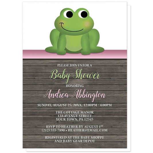Cute Frog Green Pink Rustic Wood Baby Shower Invitations at Artistically Invited. Cute frog green pink rustic wood baby shower invitations with an illustration of an adorable green frog. A pink stripe separates the cute frog from your personalized celebration details which are custom printed in pink, green, and white over a rustic brown wood background.