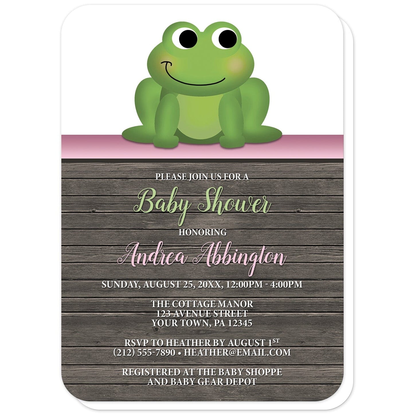 Cute Frog Green Pink Rustic Wood Baby Shower Invitations (with rounded corners) at Artistically Invited. Cute frog green pink rustic wood baby shower invitations with an illustration of an adorable green frog. A pink stripe separates the cute frog from your personalized celebration details which are custom printed in pink, green, and white over a rustic brown wood background.