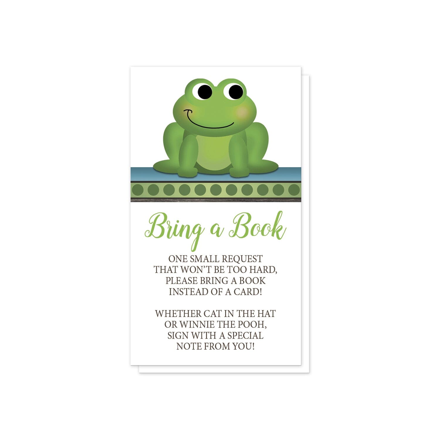 Cute Frog Green Rustic Brown Bring a Book Cards at Artistically Invited.