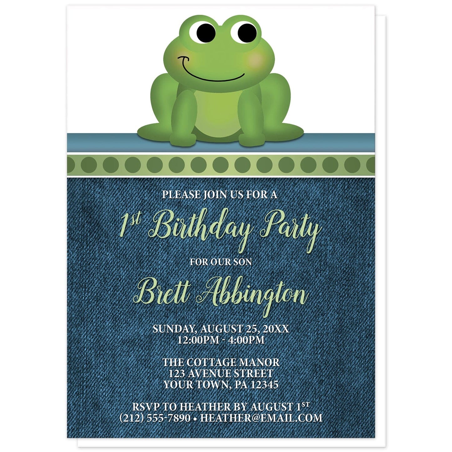 Cute Frog Green Rustic Denim 1st Birthday Invitations at Artistically Invited. Cute frog green rustic denim 1st birthday invitations with an illustration of an adorable smiling green frog. A dotted green border separates the cute frog from your invitation details. The personalized information you provide for the birthday party will be custom printed in green and white over a rustic blue denim background.