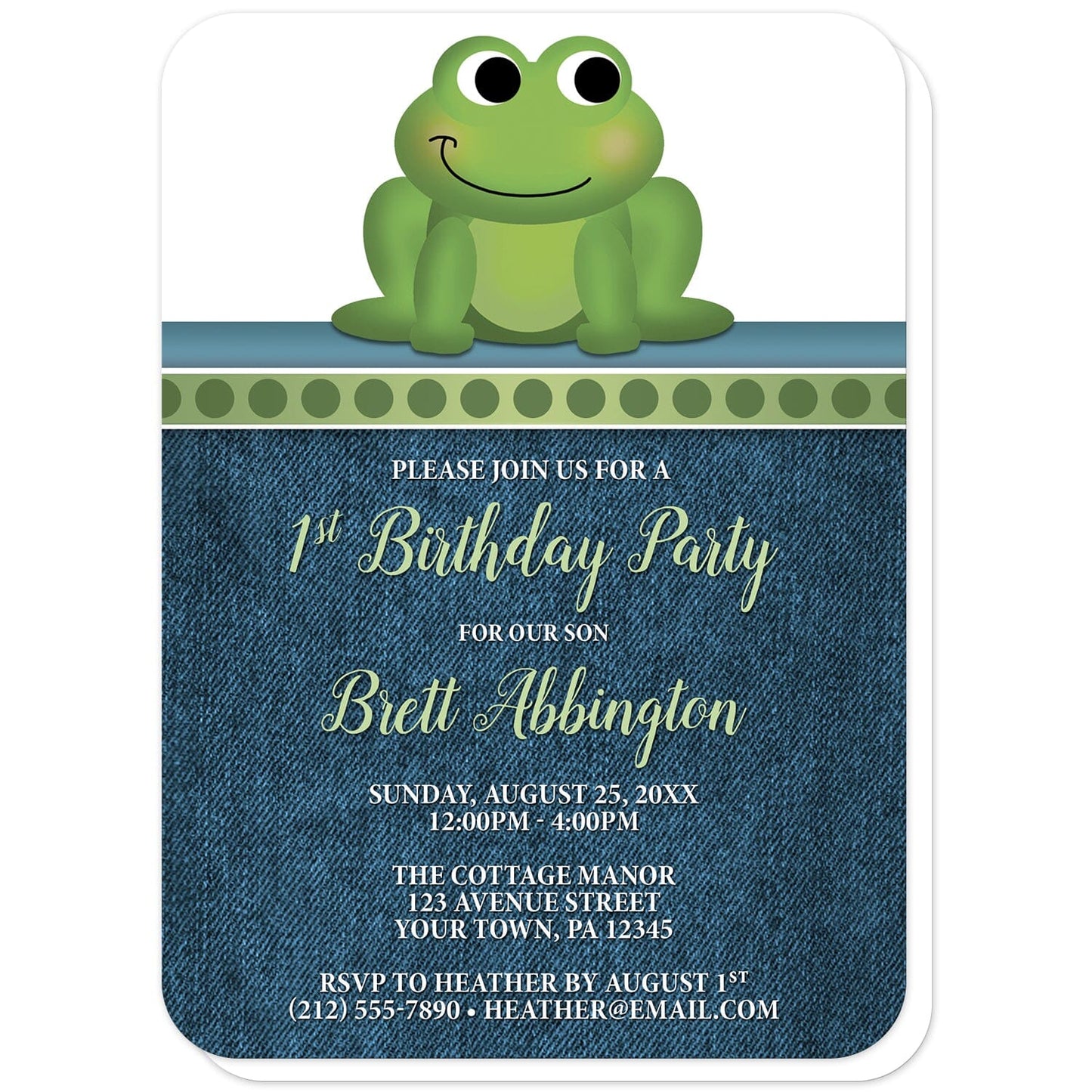Cute Frog Green Rustic Denim 1st Birthday Invitations (with rounded corners) at Artistically Invited. Cute frog green rustic denim 1st birthday invitations with an illustration of an adorable smiling green frog. A dotted green border separates the cute frog from your invitation details. The personalized information you provide for the birthday party will be custom printed in green and white over a rustic blue denim background.