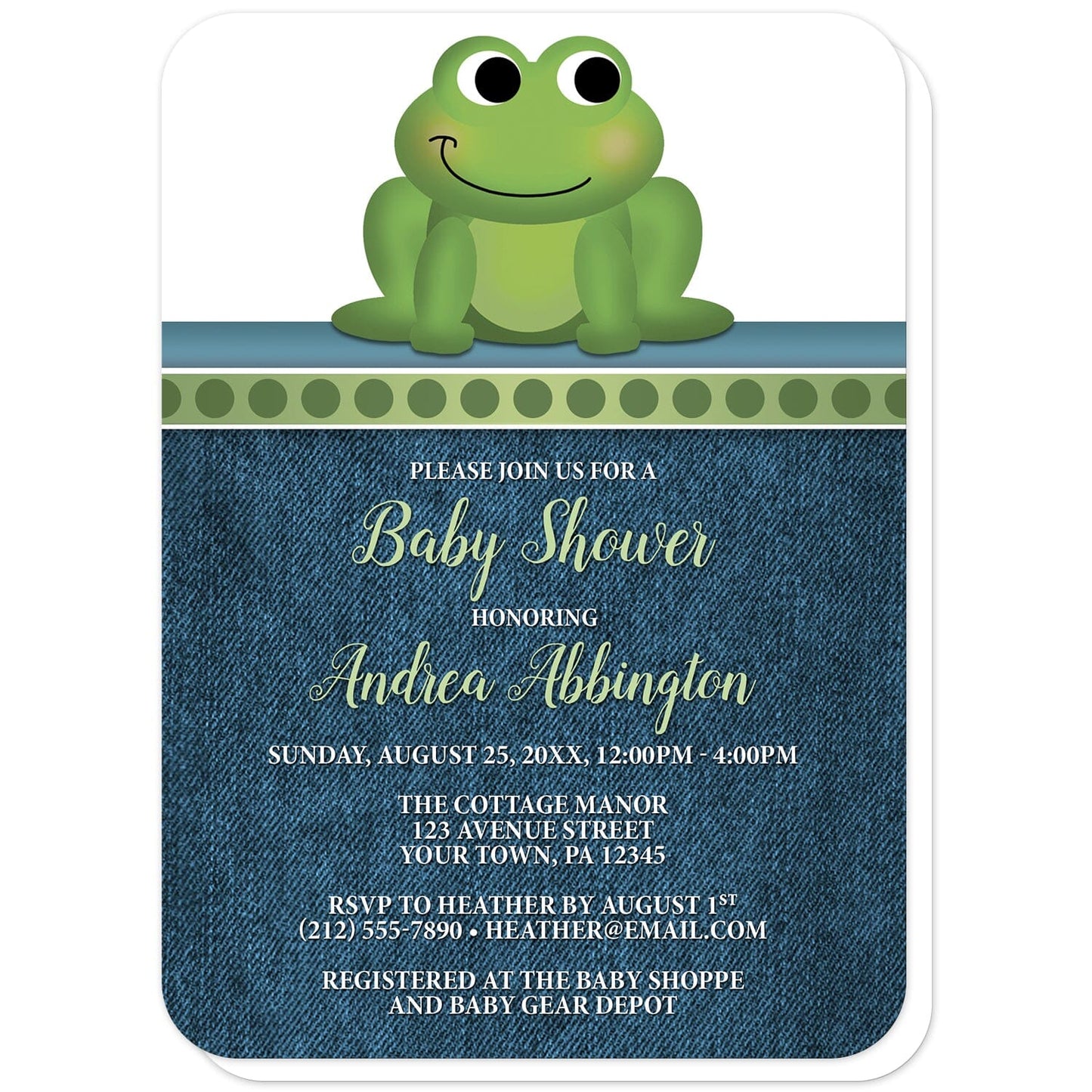 Cute Frog Green Rustic Denim Baby Shower Invitations (with rounded corners) at Artistically Invited. Cute frog green rustic denim baby shower invitations with an illustration of an adorable smiling green frog. A dotted green border separates the cute frog from your invitation details. The personalized information you provide for the baby shower celebration will be custom printed in green and white over a rustic blue denim background.