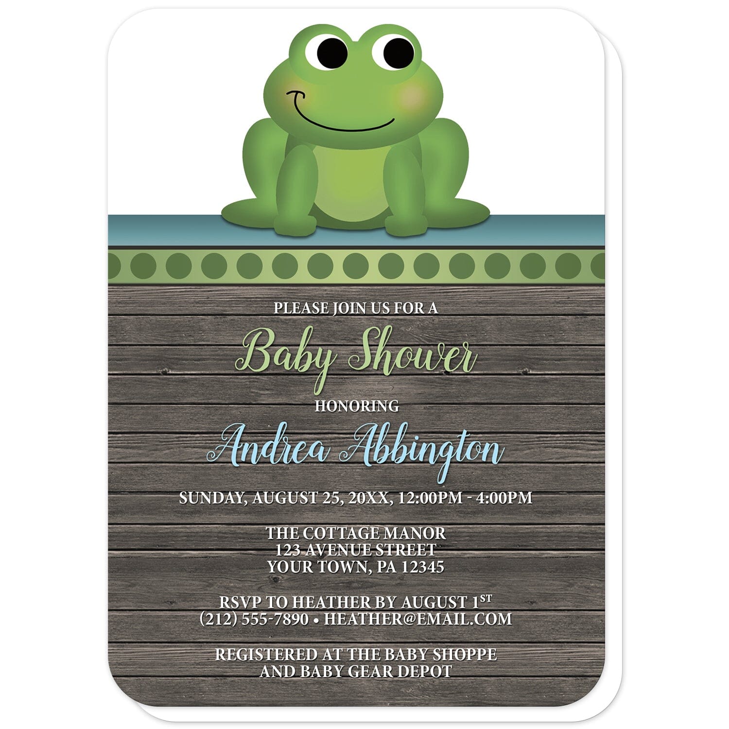 Cute Frog Green Rustic Wood Baby Shower Invitations – Artistically