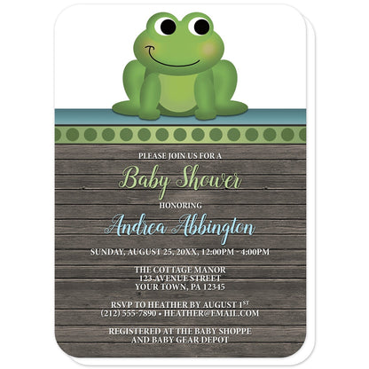 Cute Frog Green Rustic Wood Baby Shower Invitations (with rounded corners) at Artistically Invited. Cute frog green rustic wood baby shower invitations with an illustration of an adorable green frog on a polka dot green stripe at the top of the invitations. Your personalized baby shower celebration details are custom printed in green, blue, and white over a rustic brown wood background.