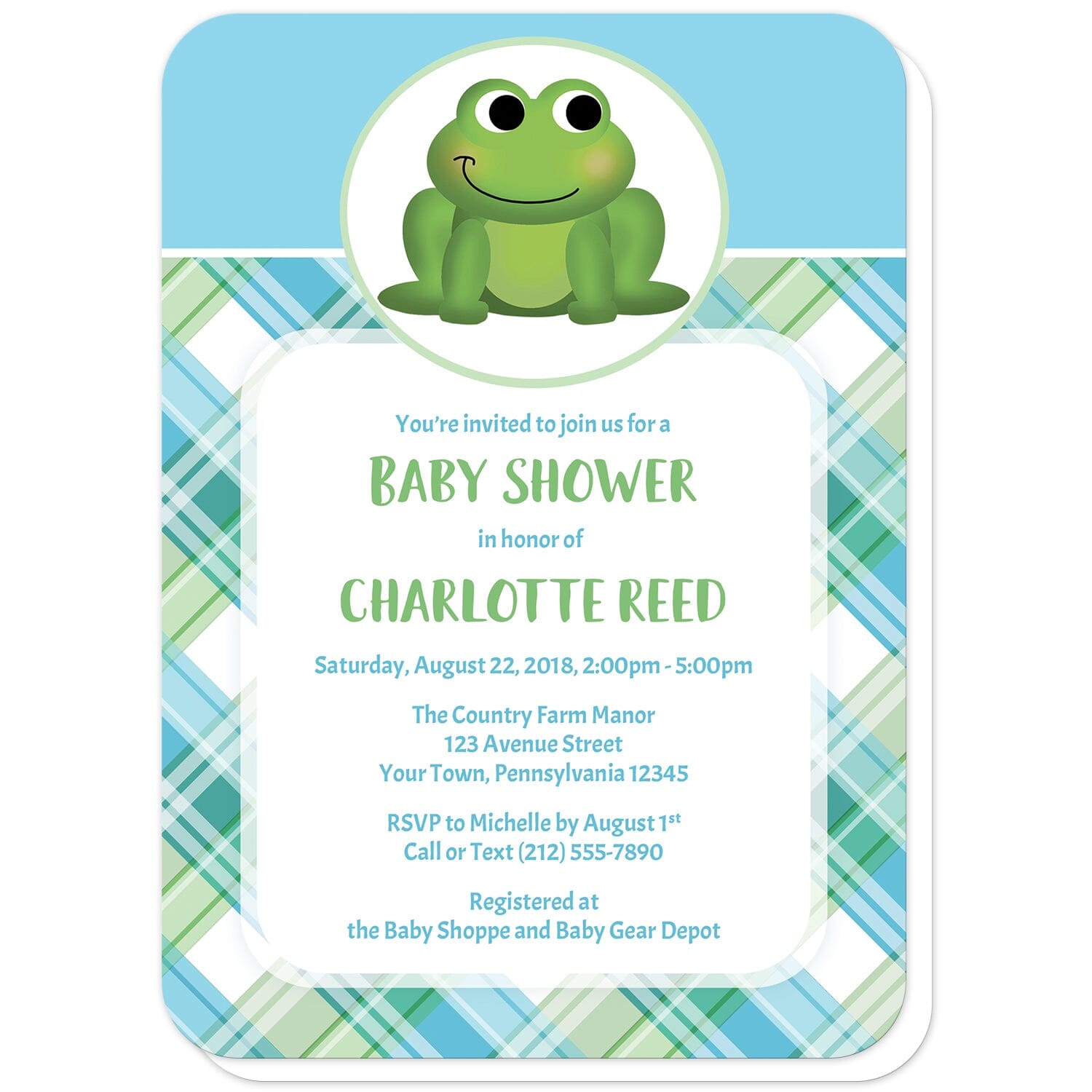 Cute Frog Green and Blue Plaid Baby Shower Invitations (with rounded corners) at Artistically Invited. Cute frog green and blue plaid baby shower invitations that are illustrated with an adorable green frog in a white and green oval over a blue background on the top, and a green and blue plaid pattern background on the bottom. Your personalized baby shower details are custom printed in green and blue over a white rectangular area over the plaid pattern.