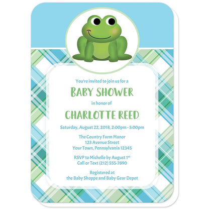 Cute Frog Green and Blue Plaid Baby Shower Invitations (with rounded corners) at Artistically Invited. Cute frog green and blue plaid baby shower invitations that are illustrated with an adorable green frog in a white and green oval over a blue background on the top, and a green and blue plaid pattern background on the bottom. Your personalized baby shower details are custom printed in green and blue over a white rectangular area over the plaid pattern.