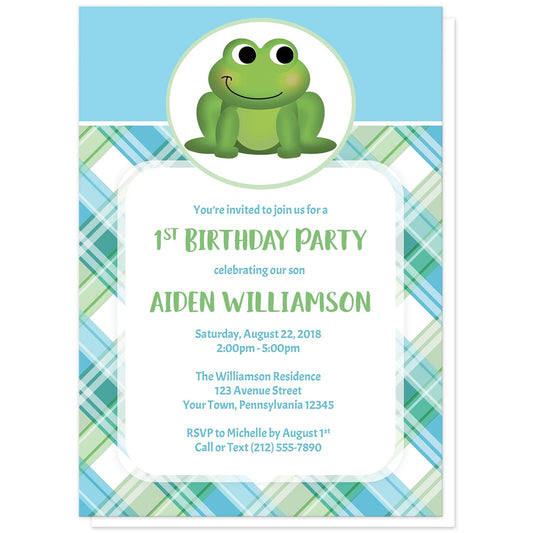 Cute Frog Green and Blue Plaid Birthday Party Invitations at Artistically Invited. Cute frog green and blue plaid birthday party invitations that are illustrated with an adorable green frog in a white and green oval over a blue background on the top, and a green and blue plaid pattern background on the bottom. Your personalized birthday party details are custom printed in green and blue over a white rectangular area over the plaid pattern.