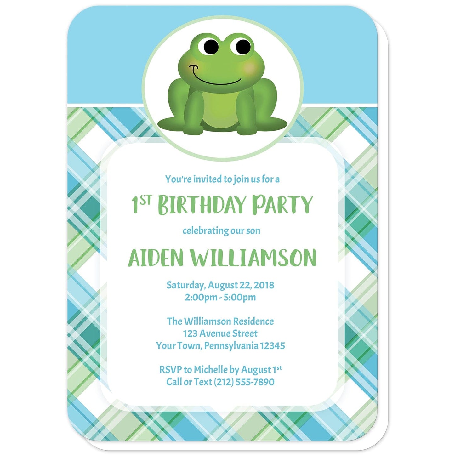 Cute Frog Green and Blue Plaid Birthday Party Invitations (with rounded corners) at Artistically Invited. Cute frog green and blue plaid birthday party invitations that are illustrated with an adorable green frog in a white and green oval over a blue background on the top, and a green and blue plaid pattern background on the bottom. Your personalized birthday party details are custom printed in green and blue over a white rectangular area over the plaid pattern.