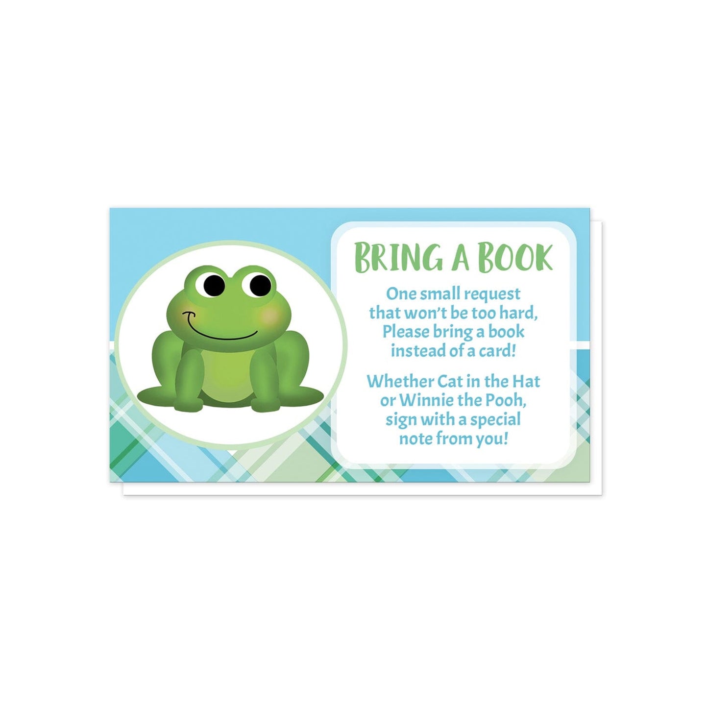 Cute Frog Green and Blue Plaid Bring a Book Cards at Artistically Invited. Cute frog green and blue plaid bring a book cards illustrated with an adorable green frog in a white and green oval on the left side over a blue background along the top and a green and blue plaid pattern background along the bottom. Your book request details are printed in green and blue in a white rectangular area over the background design on the right side.