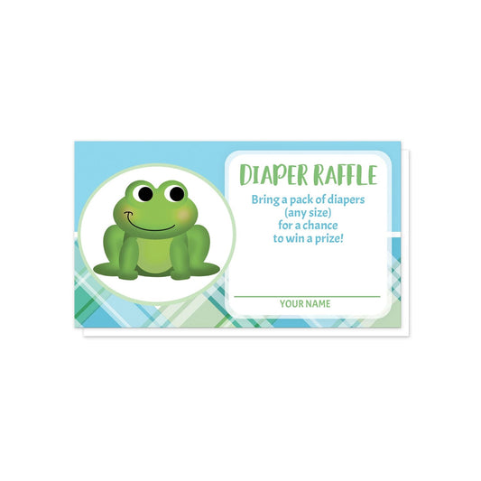 Cute Frog Green and Blue Plaid Diaper Raffle Cards at Artistically Invited. Cute frog green and blue plaid diaper raffle cards illustrated with an adorable green frog in a white and green oval on the left side over a blue background along the top and a green and blue plaid pattern background along the bottom. Your diaper raffle details are printed in green and blue in a white rectangular area over the background design on the right side.