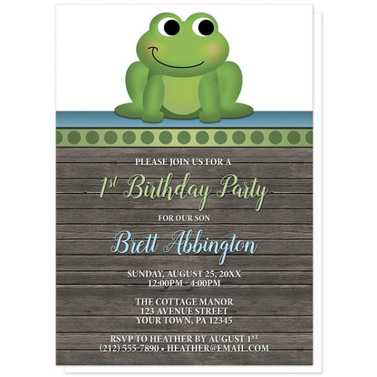 Cute Frog Green Rustic Wood 1st Birthday Invitations at Artistically Invited. Cute frog green rustic wood 1st birthday invitations with an illustration of an adorable green frog on a polka dot green stripe at the top of the invitations. Your personalized 1st birthday party details are custom printed in green, blue, and white over a rustic brown wood background. Use can them for your child's 1st birthday or any age. 