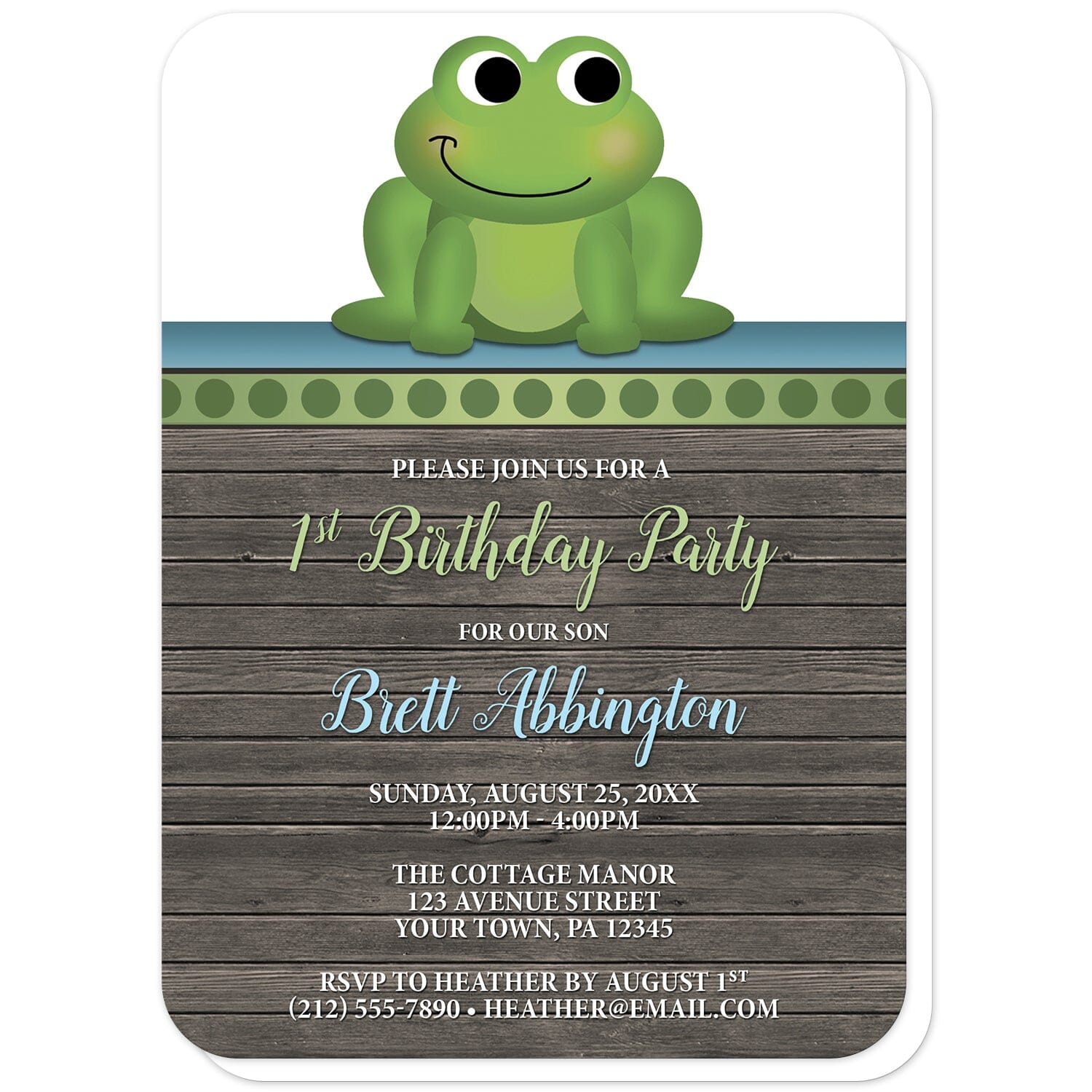 Cute Frog Green Rustic Wood 1st Birthday Invitations (with rounded corners) at Artistically Invited. Cute frog green rustic wood 1st birthday invitations with an illustration of an adorable green frog on a polka dot green stripe at the top of the invitations. Your personalized 1st birthday party details are custom printed in green, blue, and white over a rustic brown wood background. Use can them for your child's 1st birthday or any age. 
